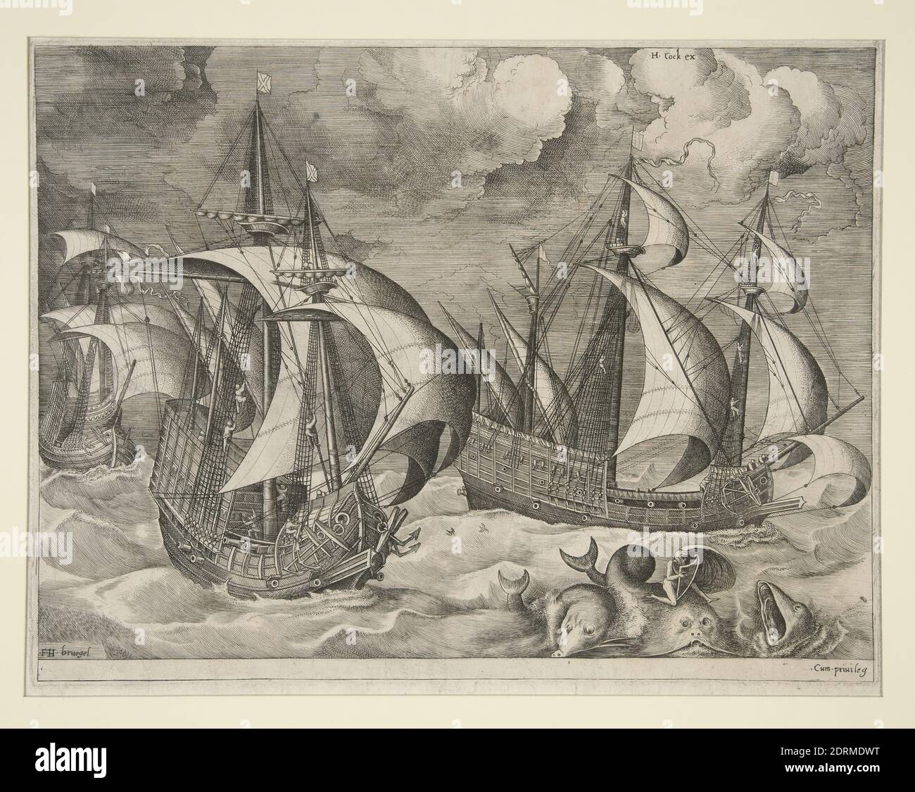 Kupferstecher: Frans Huys, Flämisch, ca. 1522–vor 1562, nach: Pieter Brueghel der Ältere, Flämisch, ca. 1525–1569, drei Karavellen in einer aufsteigenden Truppe mit Arion auf einem Delphin, Radierung und Gravur, Plattenmark: 22 × 28.5 cm 11/16, Made in Flandern, Flämisch, 16. Jahrhundert, Arbeiten auf Papier - × 11 1/4 Drucke Stockfoto