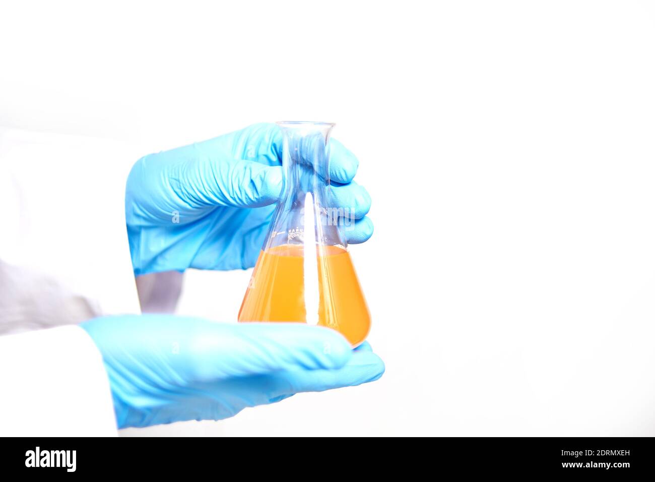 Menschliche Hände mit blauen Handschuhen eines Wissenschaftlers, der eine hält Laborröhrchen mit orangefarbener Substanz Stockfoto