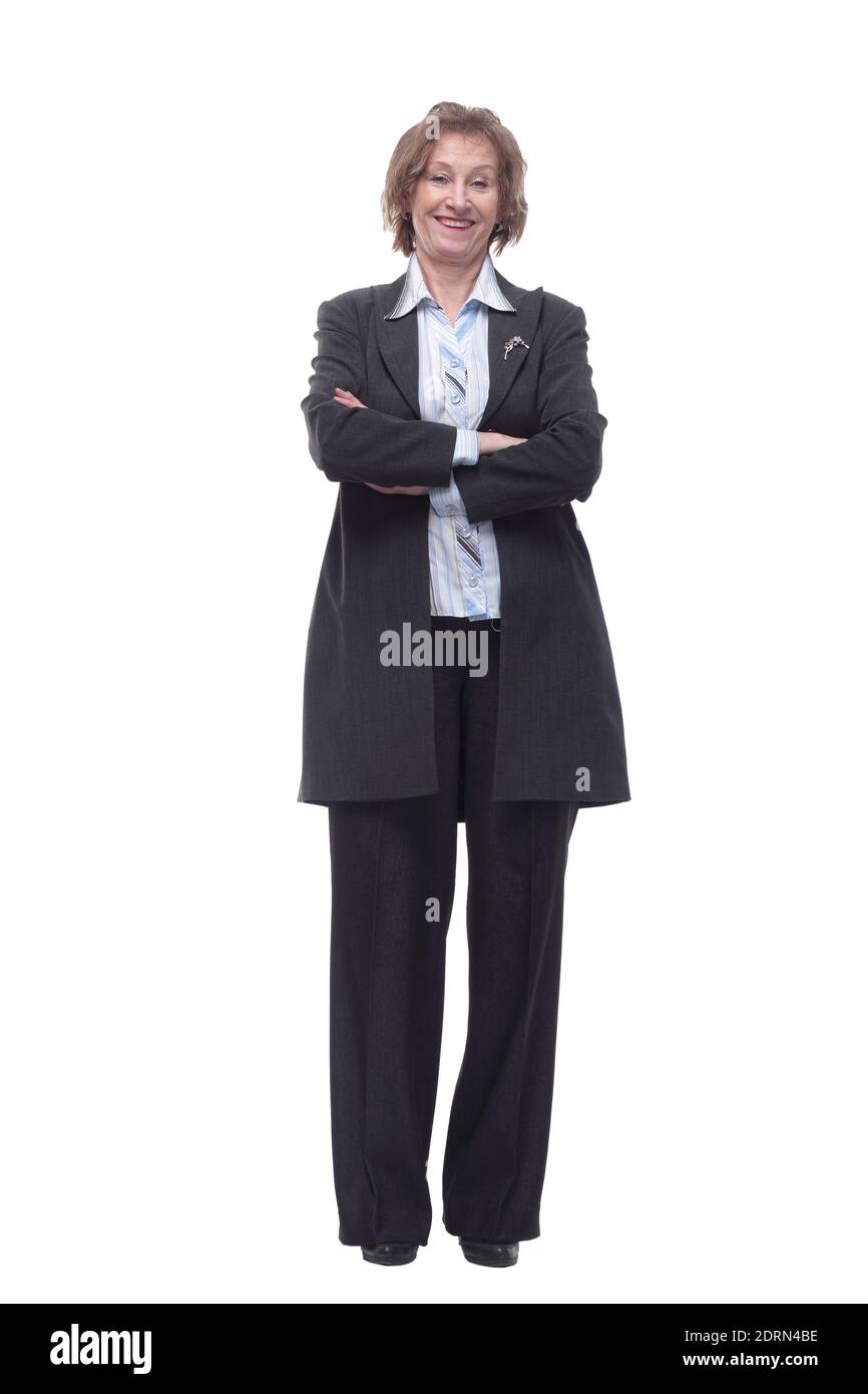 Glücklich zuversichtlich alte senior lächelnde Frau mit ihrem Ams gekreuzt Stockfoto