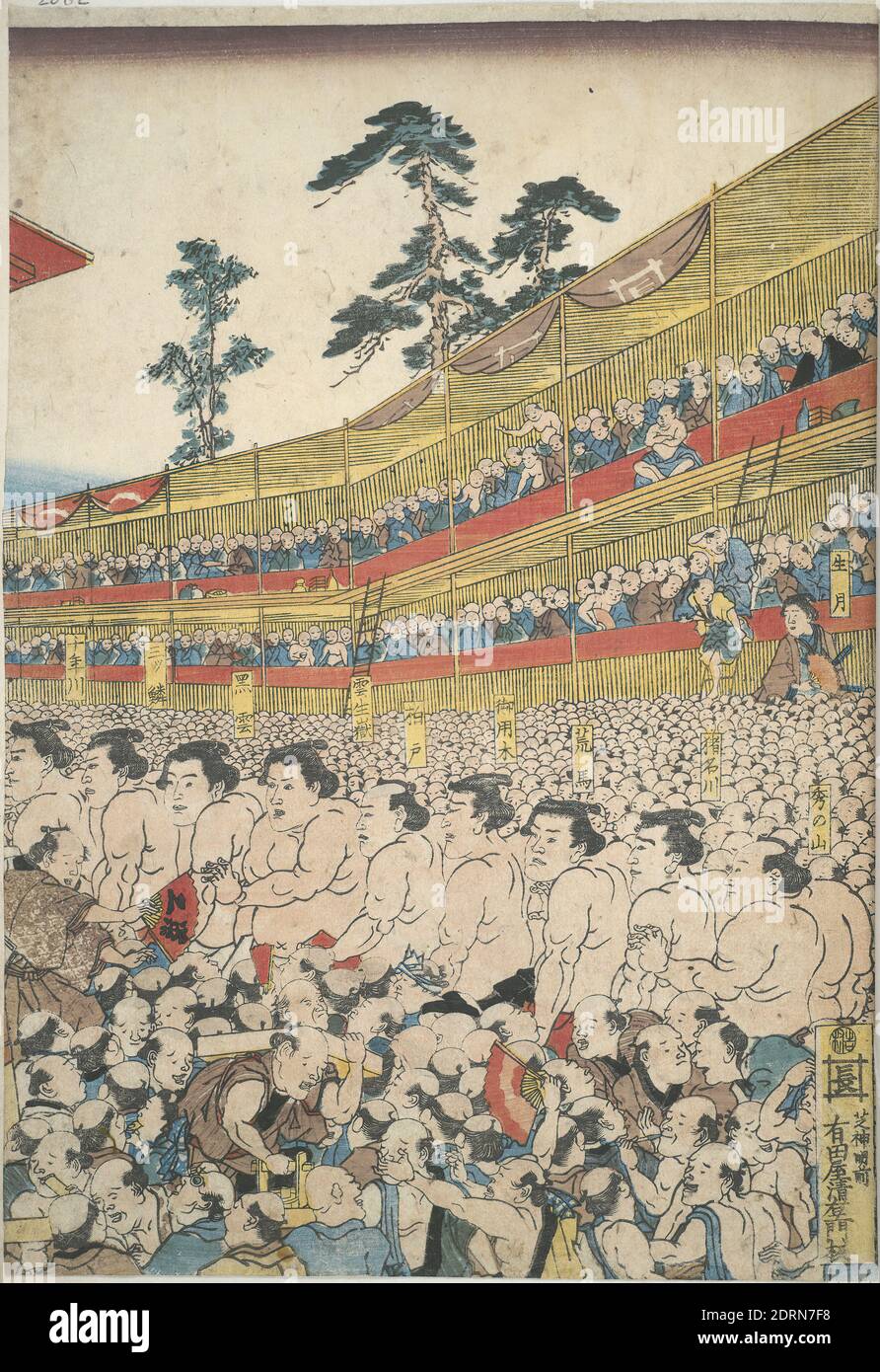 Künstler: Utagawa Kunisada, japanisch, 1786–1865, Bilder des Großen Sumo-Festivals, ca. 1852–53, Polychromer Holzschnitt; Triptychon, Blatt: 14 1/8 × 9 3/4 Zoll (35.9 × 24.8 cm), Japan, Japanisch, Edo-Zeit (1615–1868), Arbeiten auf Papier - Drucke Stockfoto