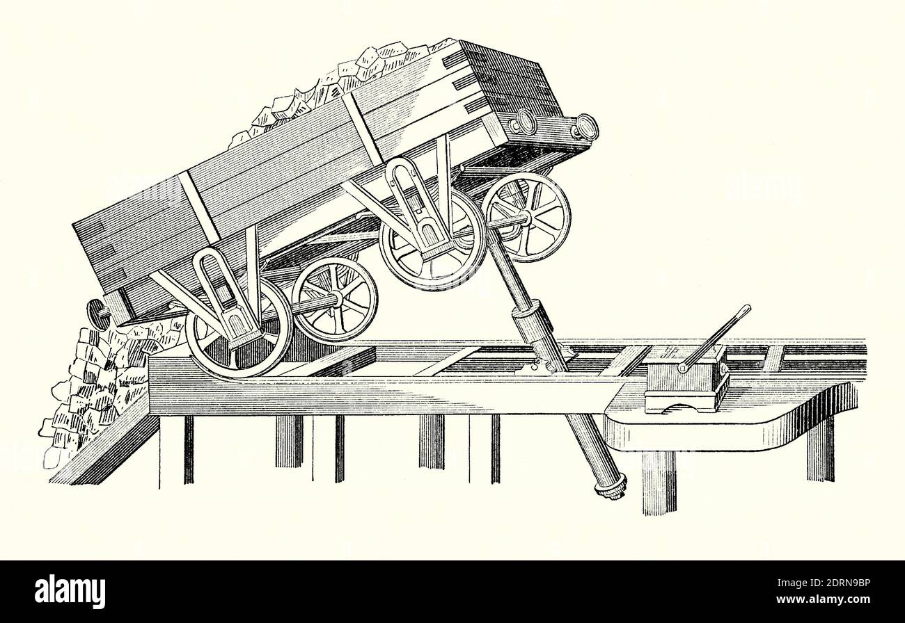 Eine alte Gravur eines viktorianischen oder eines Schienengüterkippwagens im 19. Jahrhundert. Es ist aus einem Maschinenbaubuch der 1880er Jahre. Der ungekuppelte Wagen, der an das Ende einer erhöhten Schiene geschwenkt wird, wird von einem hydraulischen Stößel oder einer Pumpe gekippt, um seine Kohlelast abzuleiten. Fracht könnte am Ende (wie hier) oder seitlich gekippt werden. Später wurden Drehdumper oder Kipper populär, da in den frühen 1900er Jahren ein System entwickelt wurde, das es diesen Waggons erlaubte, ihre Ladung zu kippen, ohne sie von einem Zug abzukoppeln. Stockfoto