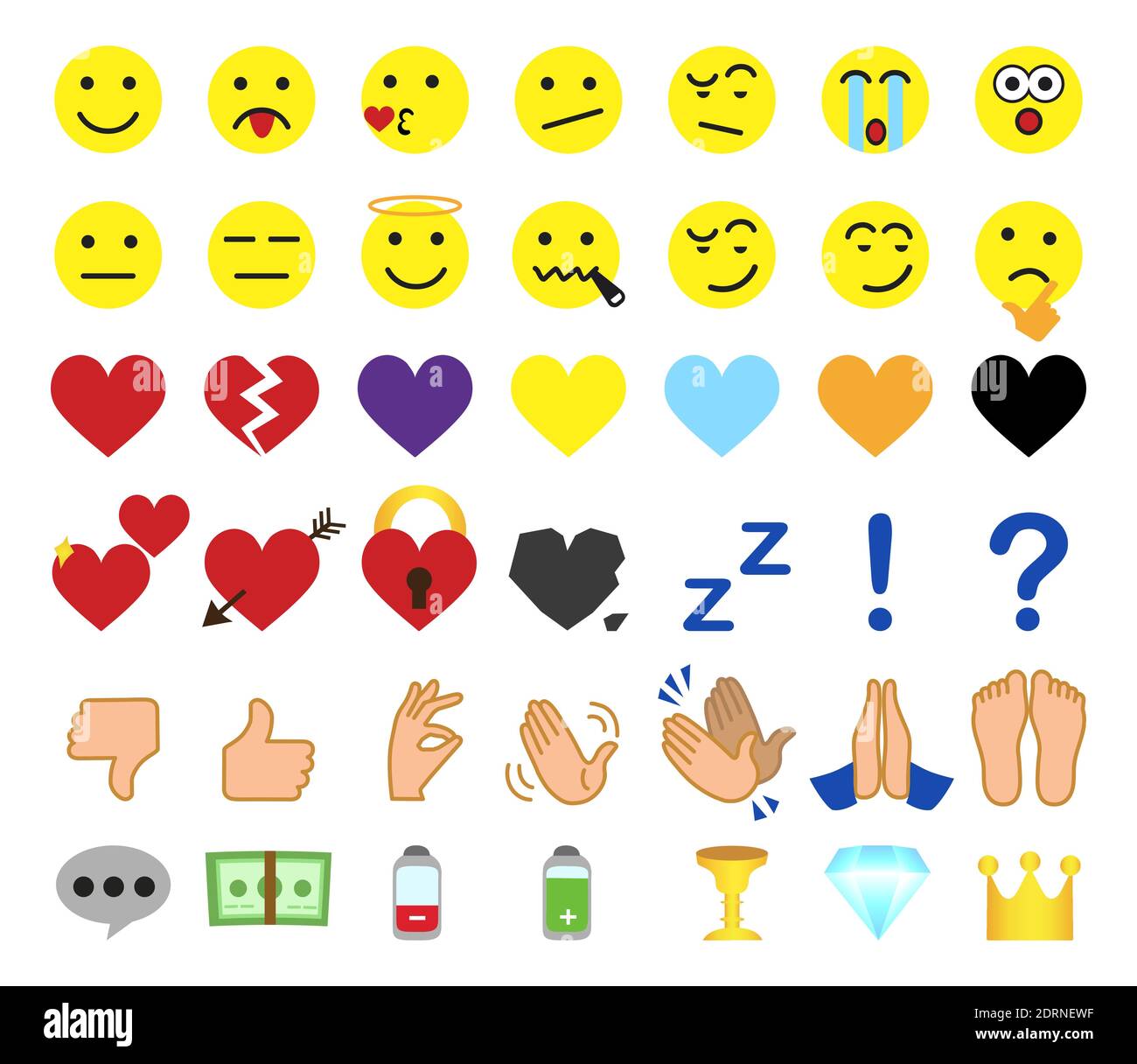 Neue gelbe Vektor Cartoon Emoticons Kommentar-Symbole. Chat Kommentar Icon Reaktionen Vorlage: Lächeln, traurig, wie, Liebe, Pflege, Gesichtsriss, loll, wow oder wütend Stock Vektor