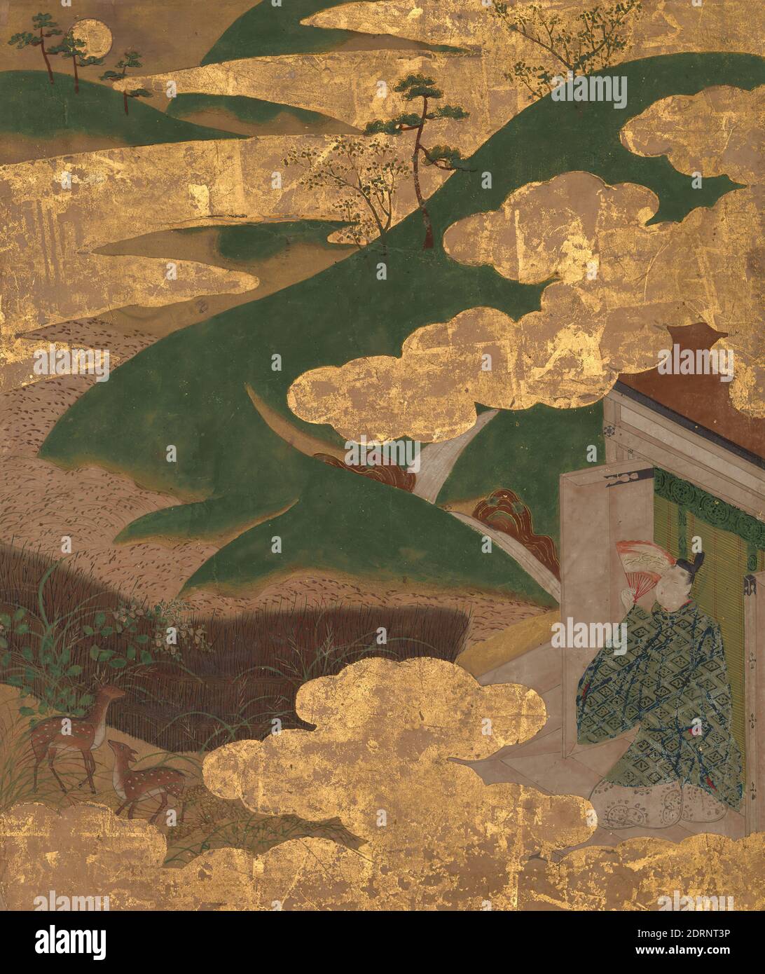 Künstler: Tosa School, japanisch, Yūgiri (Evening Mist), ca. 1630er, Albumblatt: Tinte, Farbe und Goldpigment und Goldblätter auf Papier, Bild: 11 13/16 × 9 15/16 in. (30 × 25.2 cm), Japan, Japanisch, frühe Edo-Zeit (1615–1868), Gemälde Stockfoto