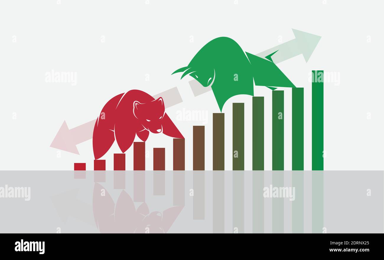 Vektor von Stier und Bär Symbole der Börsen-Trends. Der wachsende und fallende Markt. Wilde Tiere. Leicht editierbare Vektorgrafik mit Ebenen. Stock Vektor