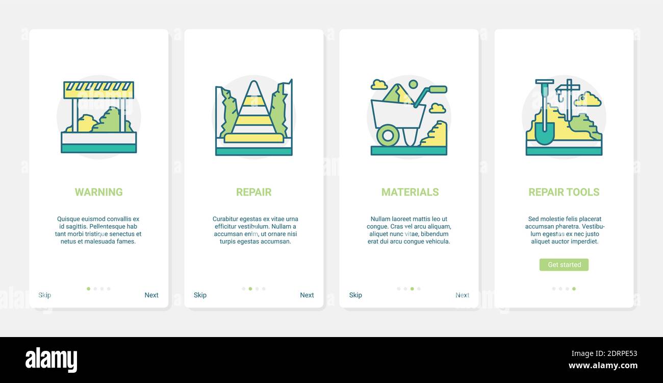 Vektorgrafik Straßenreparatur. UX, UI Onboarding mobile App Seite Bildschirm mit Linien-Symbole des Verkehrs Kegel, Warnschild Barriere, Schubkarre, Reparatur rekonstruieren Straße Werkzeuge Stock Vektor
