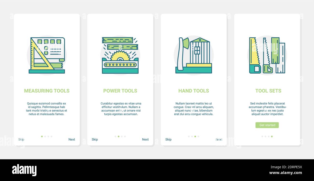 Power Maschine Reparatur Werkzeuge, Hand Holz Arbeit Tischler Ausrüstung Vektor Illustration. UX, UI Onboarding mobile App Seite Screen Set mit Linie angetrieben Maschinen, Werkzeuge für die Holzbearbeitung, Schreinerei Geräte Stock Vektor