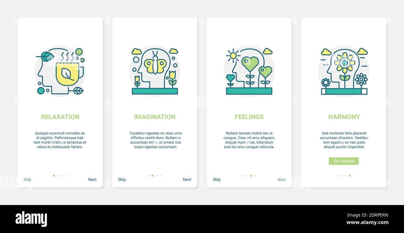 Menschliches Gehirn verarbeitet Entspannung und Gefühle Vektor Illustration. UX, UI Onboarding mobile App Seite Bildschirm kreativen Satz mit Linie emotionale Intelligenz, Kreativität Phantasie, Geist entspannen Konzepte Stock Vektor