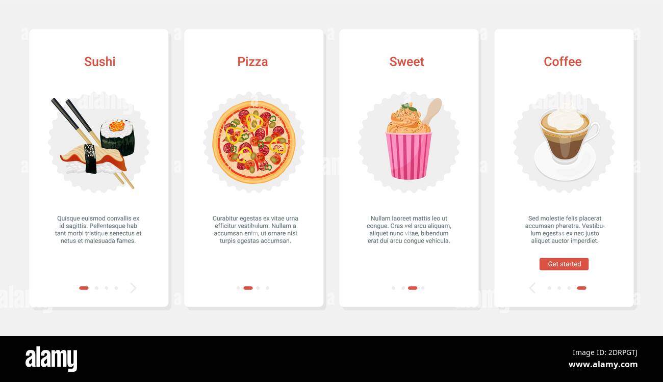 Cafe Fast Food Cartoon Vektor Illustration. UX, UI Onboarding mobile App Seite Screen Set mit Fastfood Imbiss-Menü, Sushi Pizza Kaffee Dessert für Konditorei, Cafeteria oder Pizzeria-Restaurant Stock Vektor