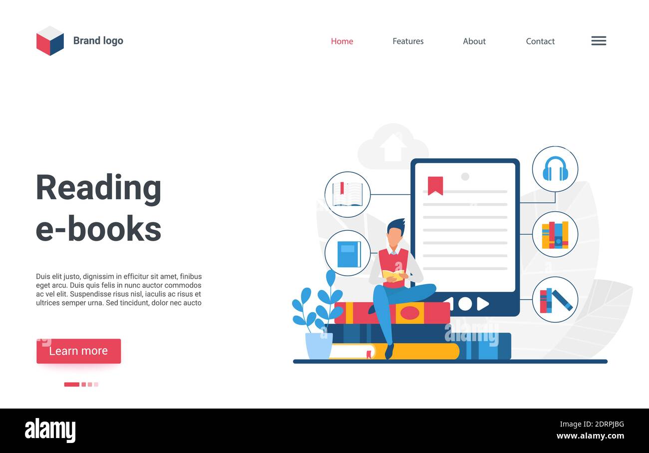 Website Landing Page kreatives Design mit Cartoon Mann Student Charakter Buch lesen, mit Bookreader oder Smartphone-Bibliothek App. Online-Fernunterricht, E-Books Technologie Vektor Illustration Stock Vektor