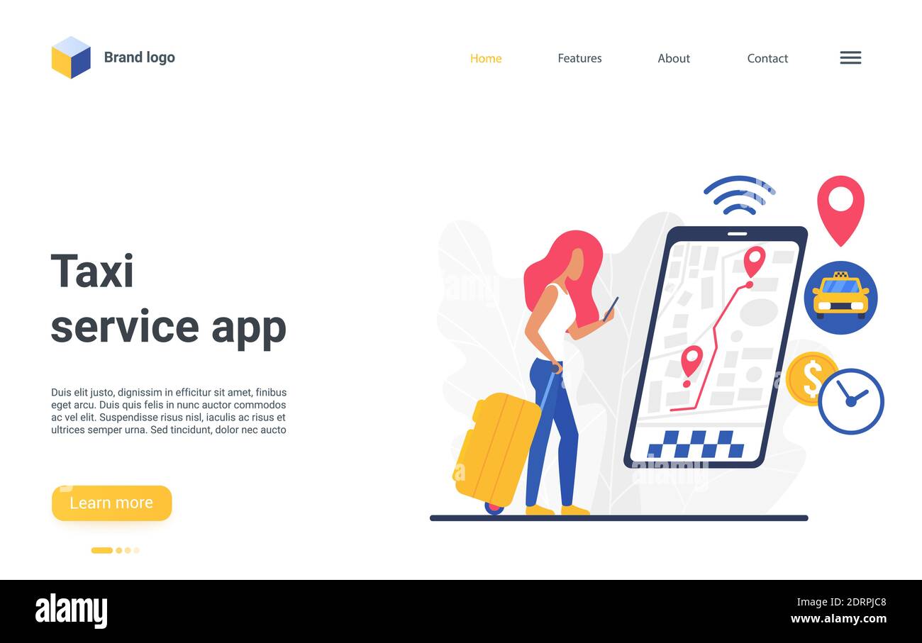 Flacher Cartoon Frau Charakter mit Smartphone Taxi bestellen, teilen Position Punkt auf Stadtplan Landing Page. Website-Design für Transport-Auftragsgesellschaft, Online-Car-Service-App Vektor Illustration Stock Vektor