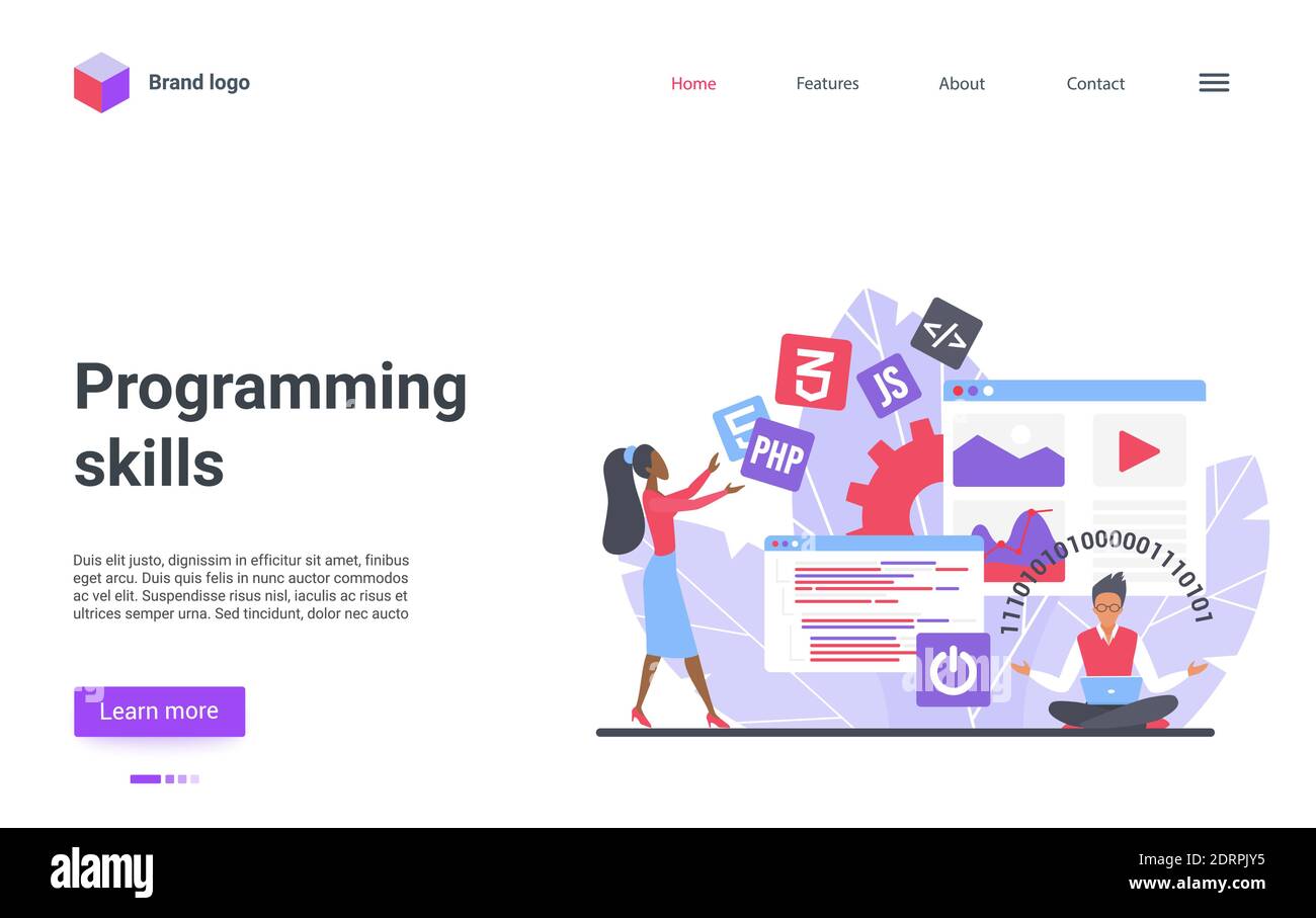 Website kreatives Design, Landing Page mit Zeichentrickfilm Schüler Charaktere lernen Programmiercode, Studie erstellen Programm-Software, Kursarbeit Technologie. Vektordarstellung für Programmierer-Schulungskurse Stock Vektor