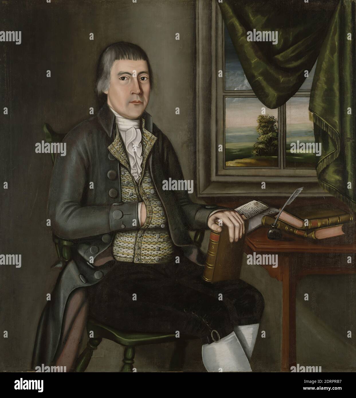 Künstler: The Beardsley Limner, Amerikaner (aktiv ca. 1785–ca. 1800)Thema: Dr. Hezekiah Beardsley, Amerikaner, 1748–1790, Dr. Hezekiah Beardsley (1748–1790), ca. 1788–90, Öl auf Leinwand, 45 1/2 × 43 5/16 Zoll (115.6 × 110 cm), in diesem Porträt eines unbekannten Künstlers und seines Paares (1952.46.2), zeigen ein Mann und eine Frau aus New Haven stolz ihren materiellen Erfolg, aber sie halten in ihren Händen Warnungen vor dem allmählichen Untergang aller weltlichen Dinge. Kinderarzt Hezekiah Beardsley ruht auf seinem Knie Edward Gibbons kürzlich erschienenen Verfall und Untergang des Römischen Reiches Stockfoto