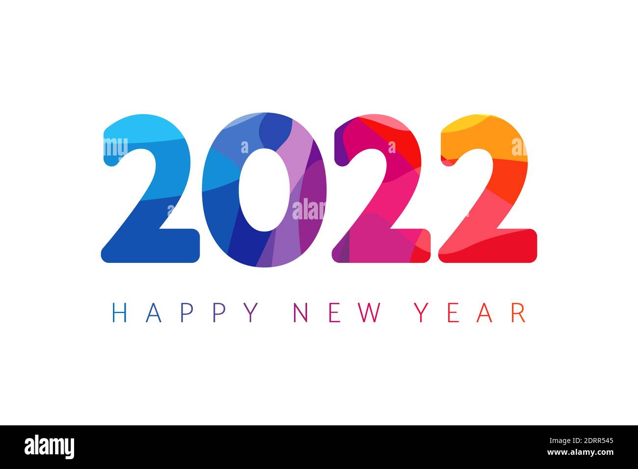 2022 EIN glückliches neues Jahr Gratzen Konzept. Logo aus Buntglas. Wunderschöne verschneite Kulisse. Abstrakte isolierte Grafik-Design-Vorlage. Ziernummer Stock Vektor