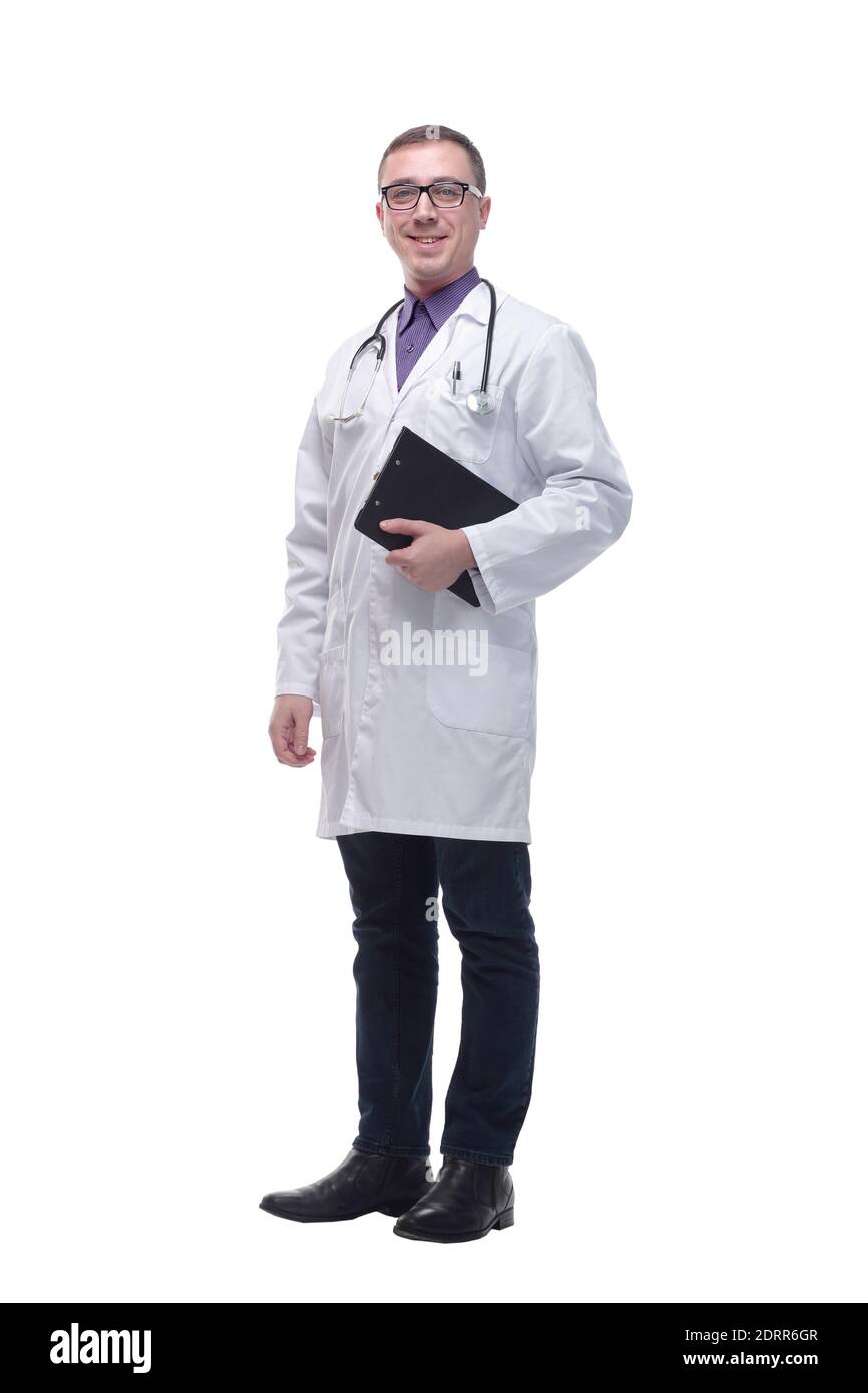 In voller Länge Porträt eines Arztes trägt eine Brille und Halten einer Zwischenablage Stockfoto