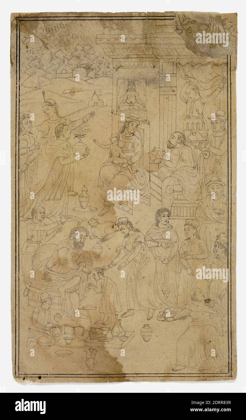 Künstler: Mughal School, 1526–1857, Anbetung der Könige, ca. 1600, Graphit auf Papier, Blatt: 8 1/8 × 5 in. (20.7 × 12.7 cm), während Handschriftenbilder in der islamischen Kultur geschätzt wurden, wurden auch monochrome Zeichnungen wie diese geschätzt und in ihrem eigenen Recht gesammelt. Christliche Malerei Themen waren in Indien während der Mogul-Zeit bekannt, auch dank der günstigen Empfang, dass Jesuiten-Priester in der Moghul-Gericht empfangen. , hergestellt in Indien, Indien, Indien, Moghul-Dynastie (1526–1857), Gemälde Stockfoto
