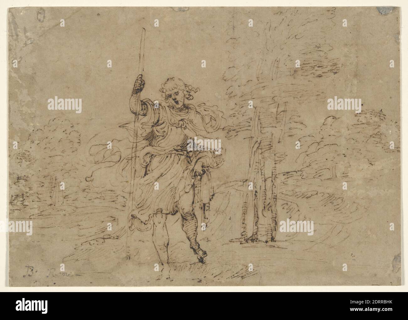 Künstler: Lodovico Carracci, italienisch, 1555–1619, Künstler, zugeschrieben: Francesco Brizio, italienisch, ca. 1575–1623, Künstler, zugeschrieben: Giovanni Luigi Valesio, Italienisch, 1583?–1633/50, St. Christopher (oder St. Roch?) In a Landscape, ca. 1600, Feder und braune Tinte, Blatt: 14.1 × 20 cm 9/16, italienisch, 16.–17. Jahrhundert, Arbeiten auf Papier - Zeichnungen und Aquarelle × 7/8 Stockfoto