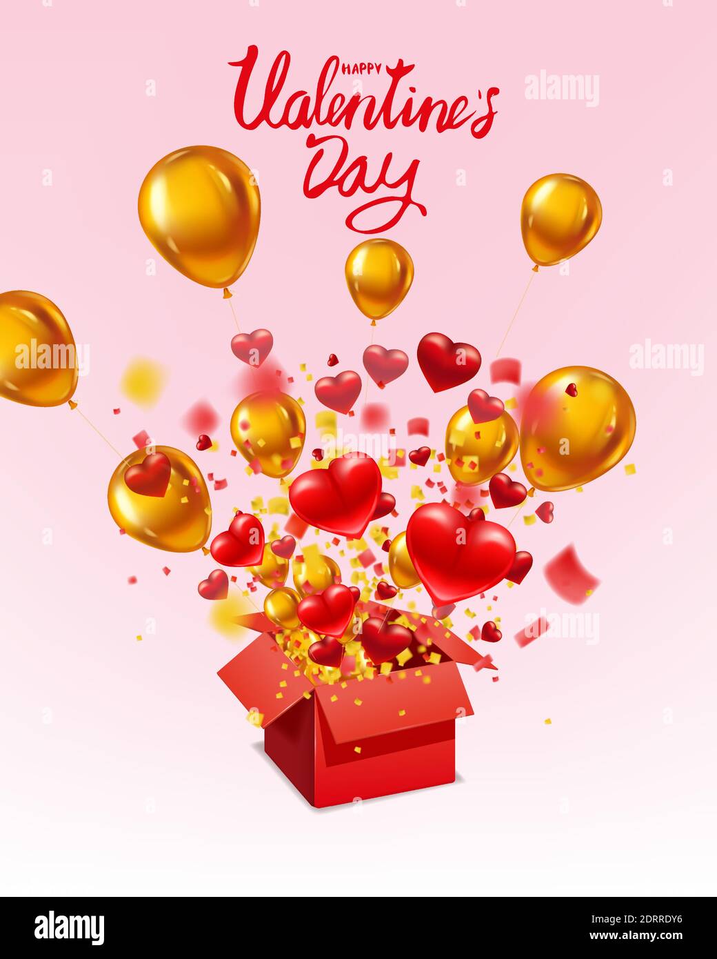 Happy Valentines Tag Geschenkbox offen Geschenk mit fliegenden Herzen, Ballons Gold und hellen Lichtstrahlen, Explosion platzen. Happy Valentines Day Geschenkbox Stock Vektor