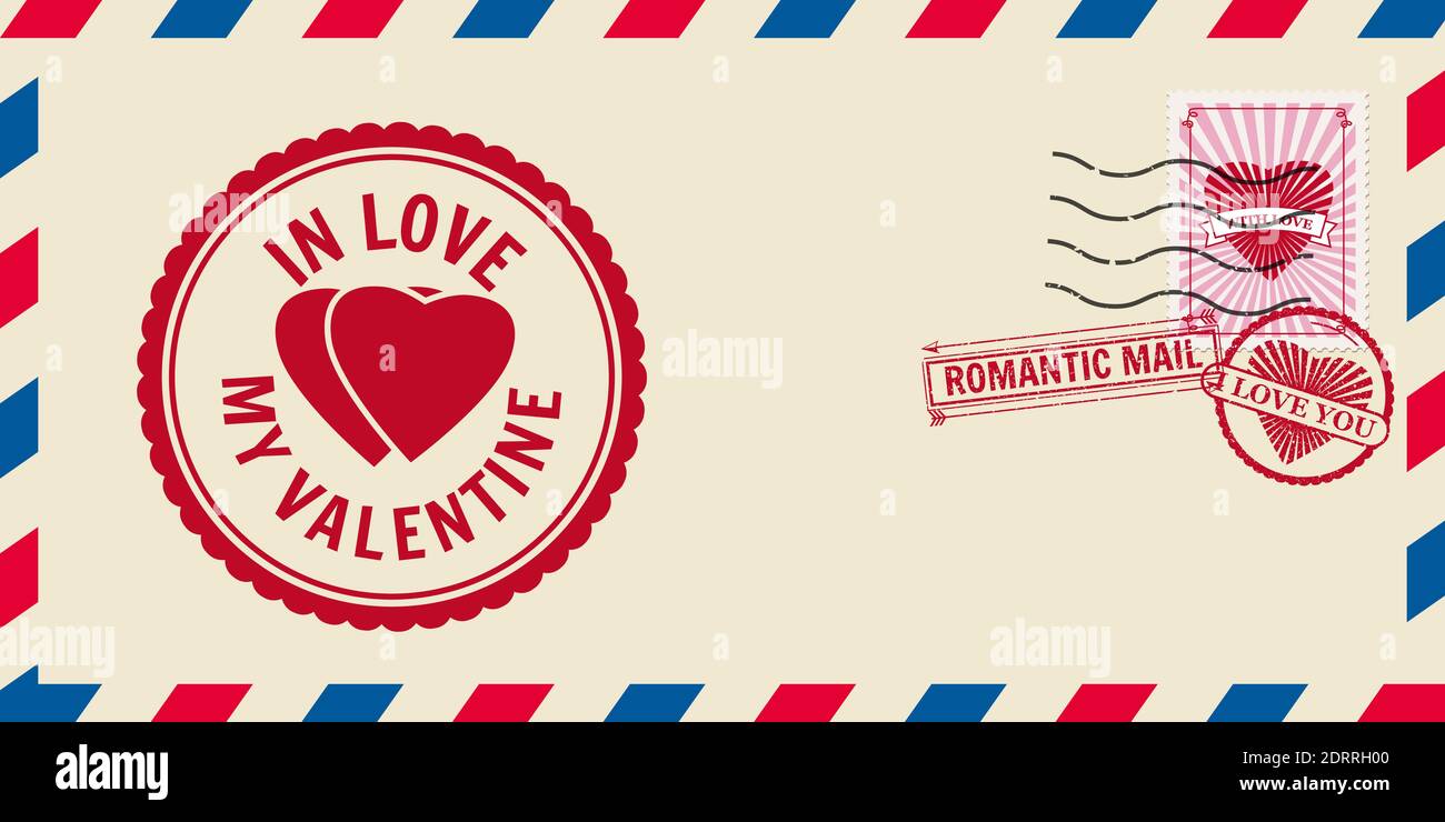 Briefumschlag für Valentinstag mit Herzen in Liebe, Briefmarke. Vektordarstellung der Vorlage isoliert Stock Vektor