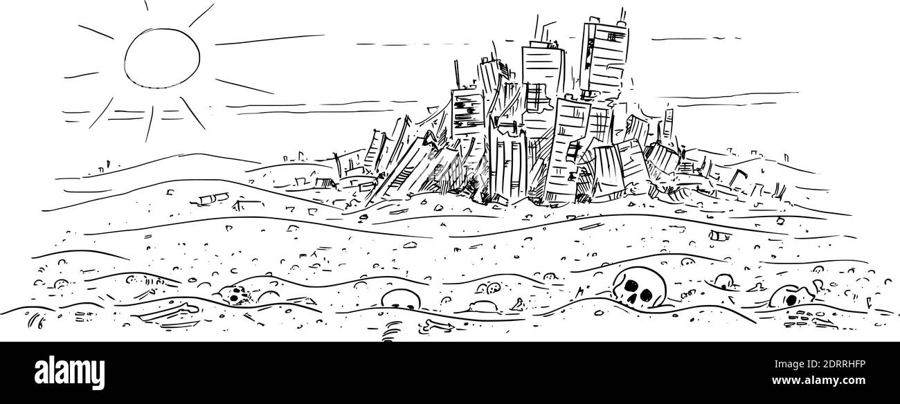 Vektor-Cartoon-Zeichnung oder Illustration von verlassenen Wüstenlandschaft mit Knochen und Schädeln, verlassene zerstörte Stadt auf dem Hintergrund. Konzept der Hungersnot, Epidemie, Ende der Zivilisation oder menschliche Auslöschung. Stock Vektor