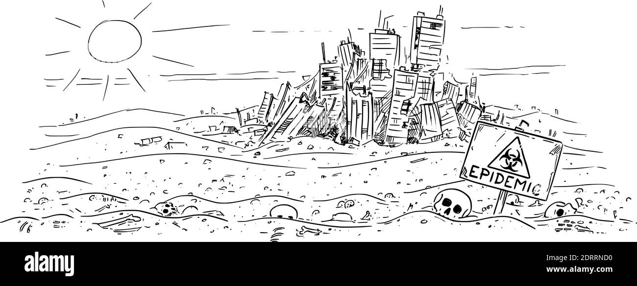 Vektor-Cartoon-Zeichnung oder Illustration von verlassenen Wüstenlandschaft mit Knochen und Schädeln, verlassene Stadt auf dem Hintergrund. Konzept der Epidemie, Pandemie, Coronavirus oder Covid-19-Virus. Stock Vektor