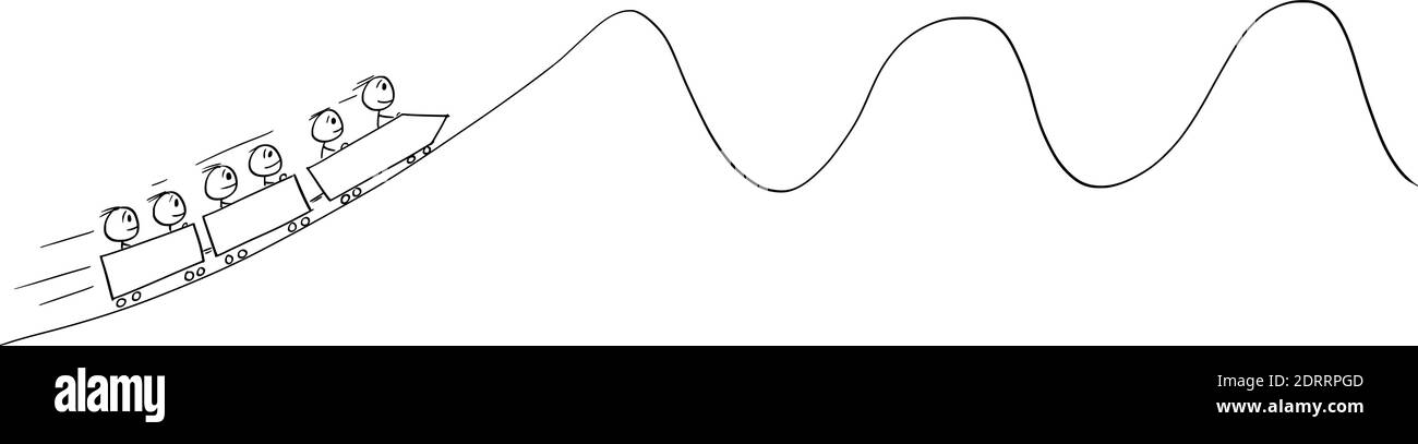 Vektor Cartoon Stick Figur Illustration von Gruppe von Menschen oder Geschäftsleute Reiten auf wirtschaftliche oder finanzielle Achterbahn angesichts der Krise, Chaos, hohe Volatilität des Marktes in Zukunft. Stock Vektor