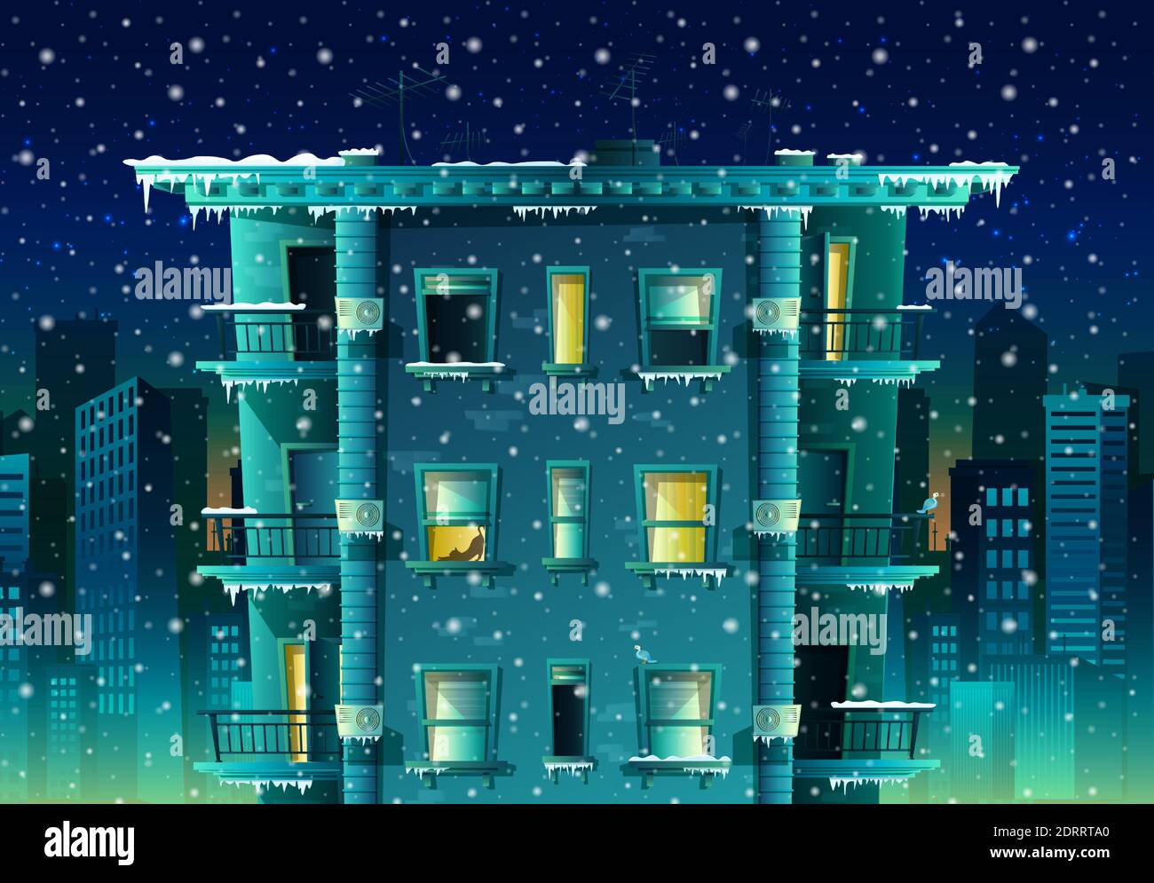 Vektor Cartoon Stil Nacht Winter Stadt mit Schneeflocken Hintergrund. Gebäude mit vielen Etagen und Fenstern mit Balkonen. Stock Vektor
