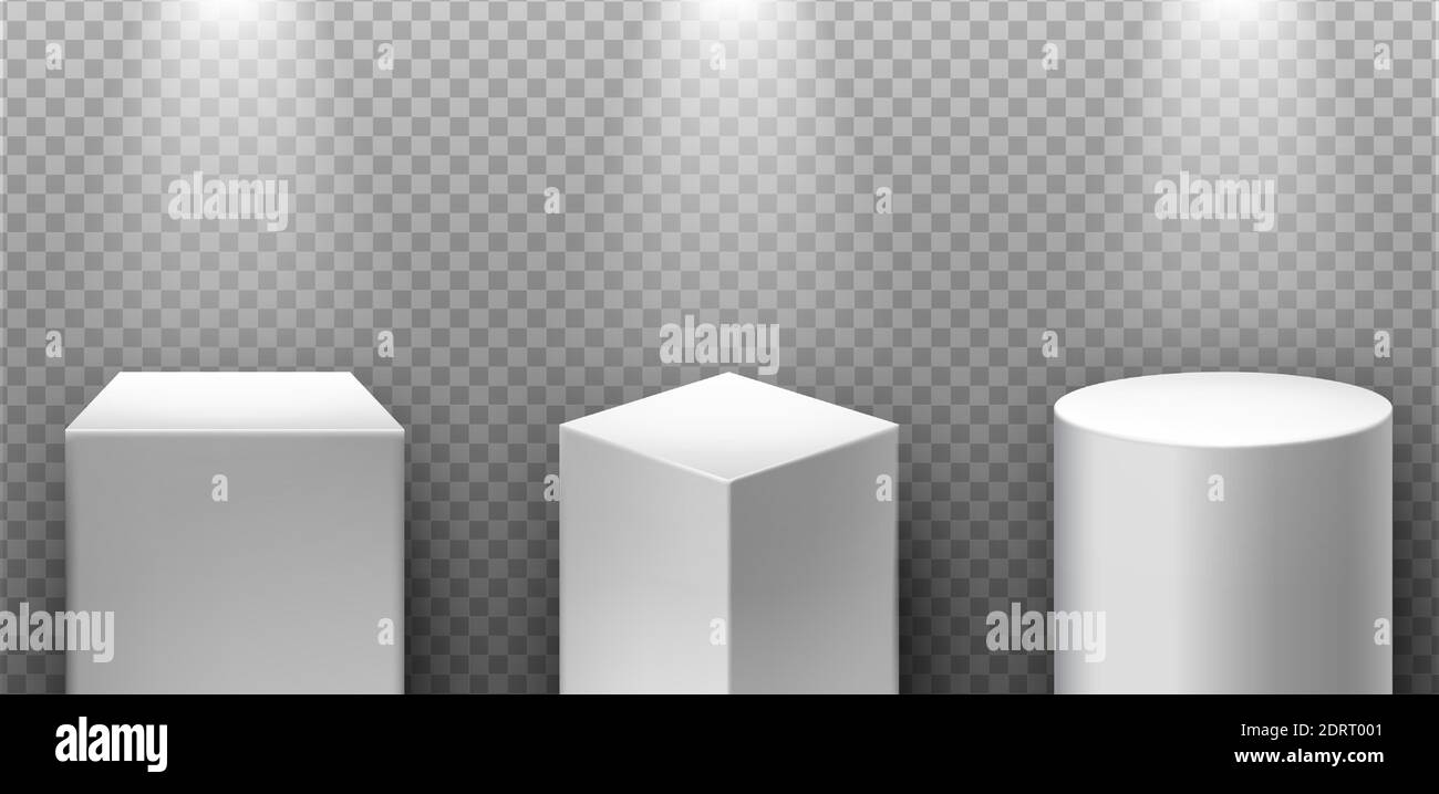 Museumsexposition, leere Produktstände. 3d realistische Vektor quadratisches Podium mit Spotlicht und transparentem Hintergrund. Stock Vektor