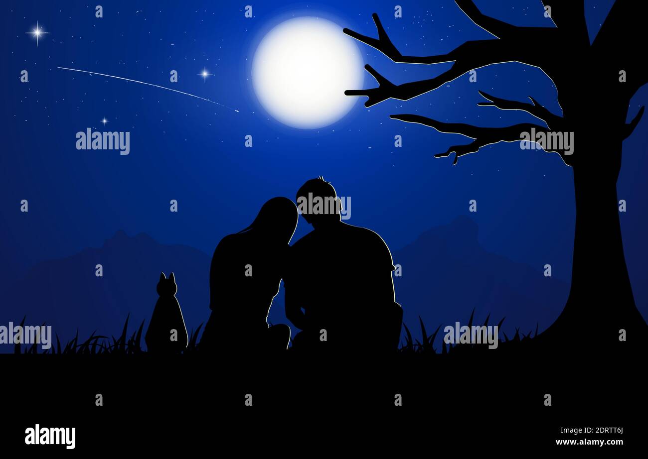 Ein Paar Mann und Frau sitzen unter Baum mit Mond Am Himmel bei Nacht Design Vektor Illustration Stock Vektor