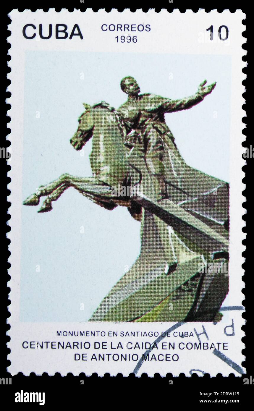 MOSKAU, RUSSLAND - 10. FEBRUAR 2019: Eine in Kuba gedruckte Briefmarke zeigt Monument, Santiago, 100. Todestag von General Antonio Maceo Serie, um 199 Stockfoto