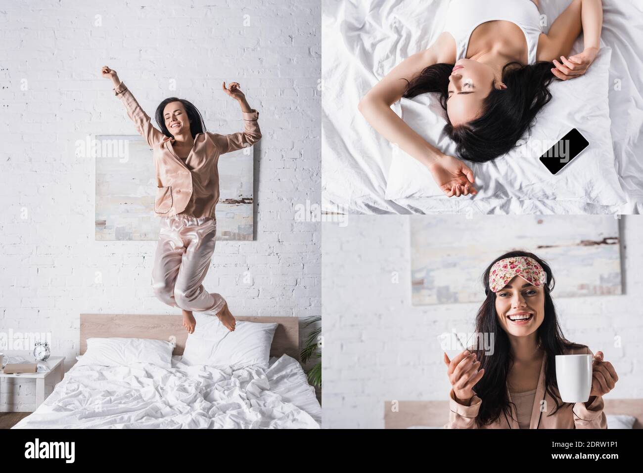 Collage der jungen Brünette Frau im Bett am Morgen Stockfoto