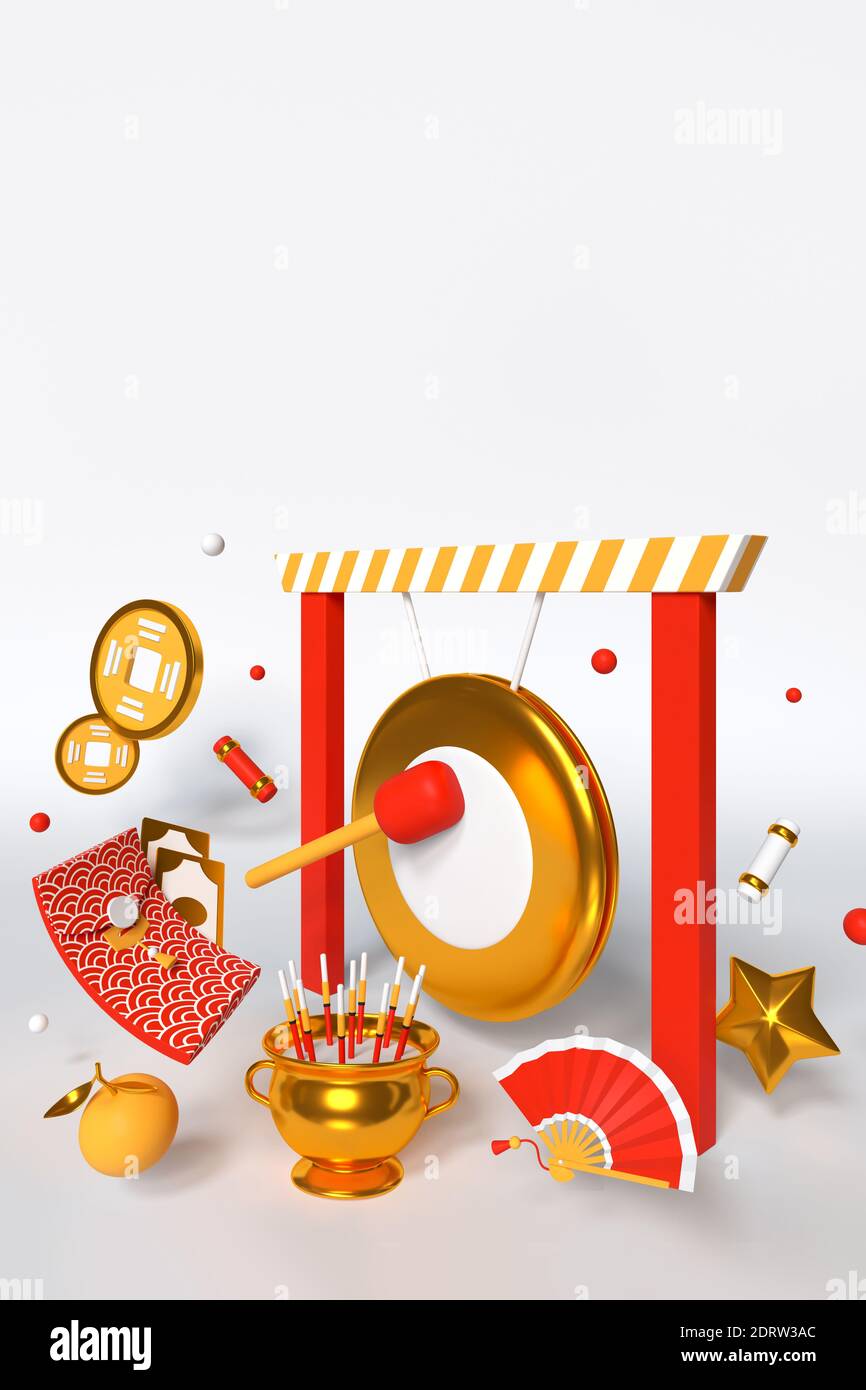 Frohes neues Jahr 2021 - Moderne bunte 3d-Poster-Vorlage mit Platz für Ihre Wünsche. Grußkarte mit chinesischen Feiertag Symbole, Traditionen Idee. Feng Stockfoto