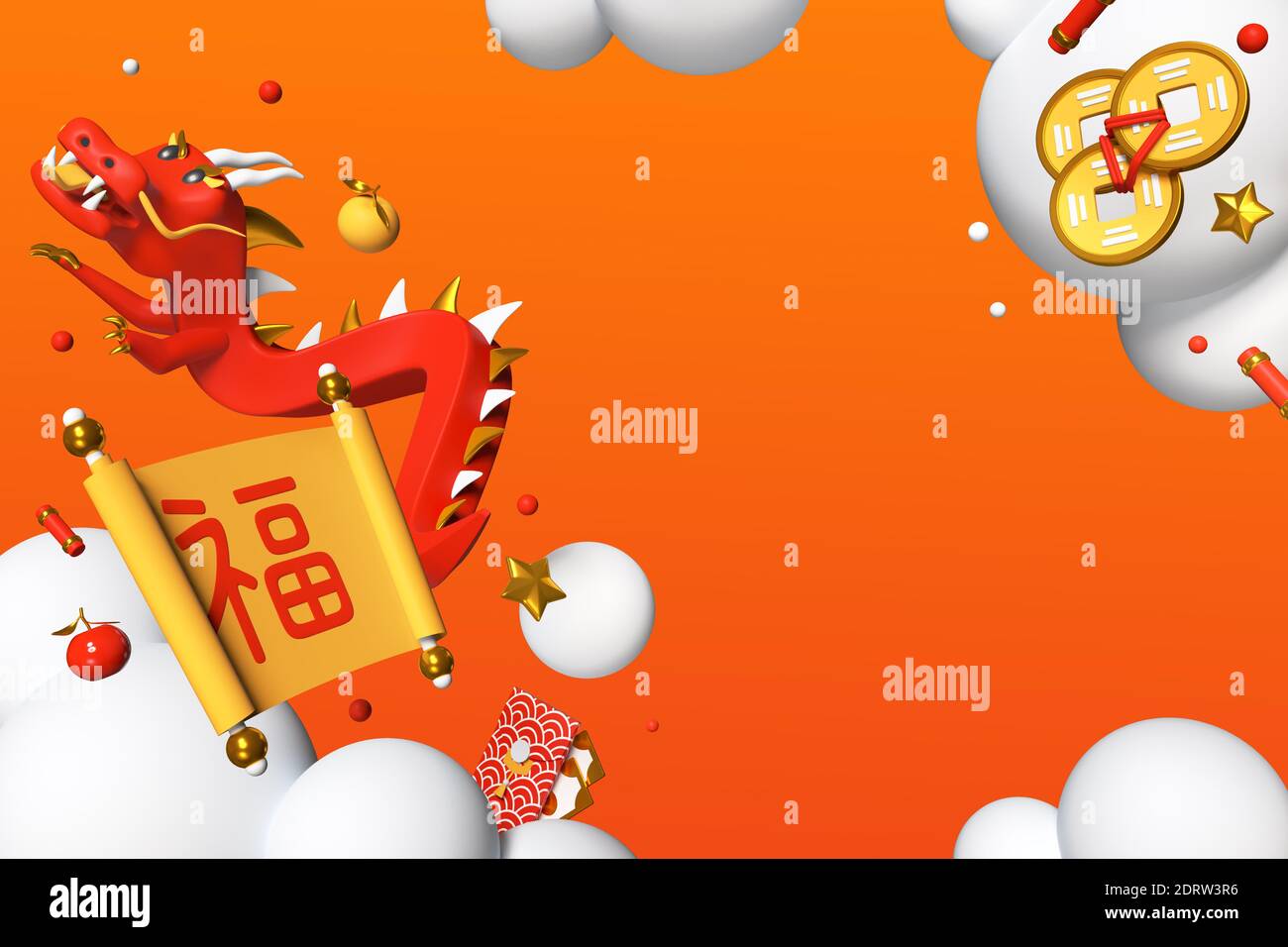 Happy Chinese New Year 2021 - Moderne bunte 3d Banner Vorlage mit Platz für Text. Grußkarte mit Feiertag Symbole, Traditionen Idee. Illustration Stockfoto