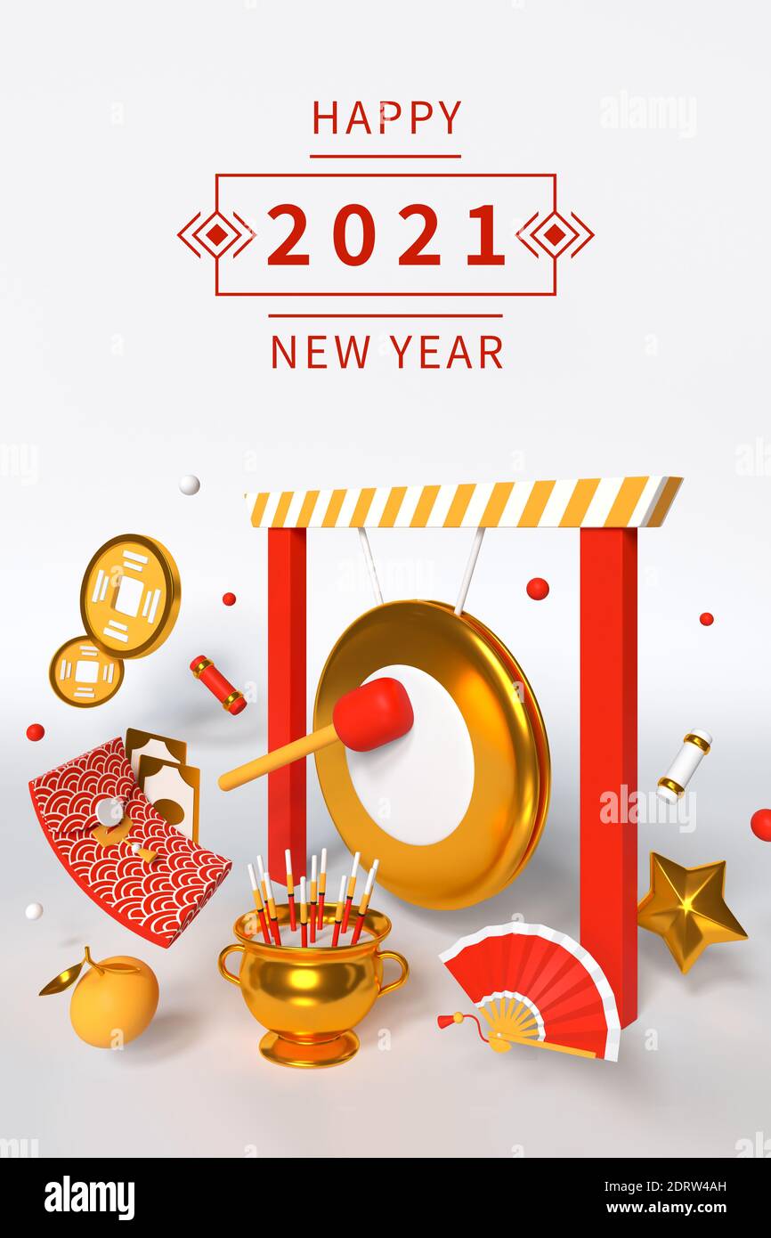 Frohes neues Jahr 2021 - modernes buntes 3d-Poster. Grußkarte mit chinesischen Feiertag Symbole, Kultur, Traditionen Idee. Feuerwerkskörper, feng Shui-Münzen, Stockfoto