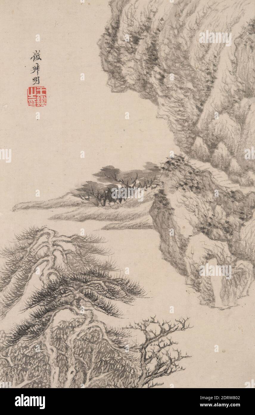 Künstler: Wang Jian, Chinesisch, 1598–1677, Landschaft im Stil verschiedener alter Meister: Landschaft nach Wang Meng (1308–1385), Albumblatt, Tusche und Farbe auf Papier, ohne Befestigung: 8 1/2 × 5 3/4 Zoll (21.6 × 14.6 cm), China, Chinesisch, Qing-Dynastie (1644–1911), Gemälde Stockfoto