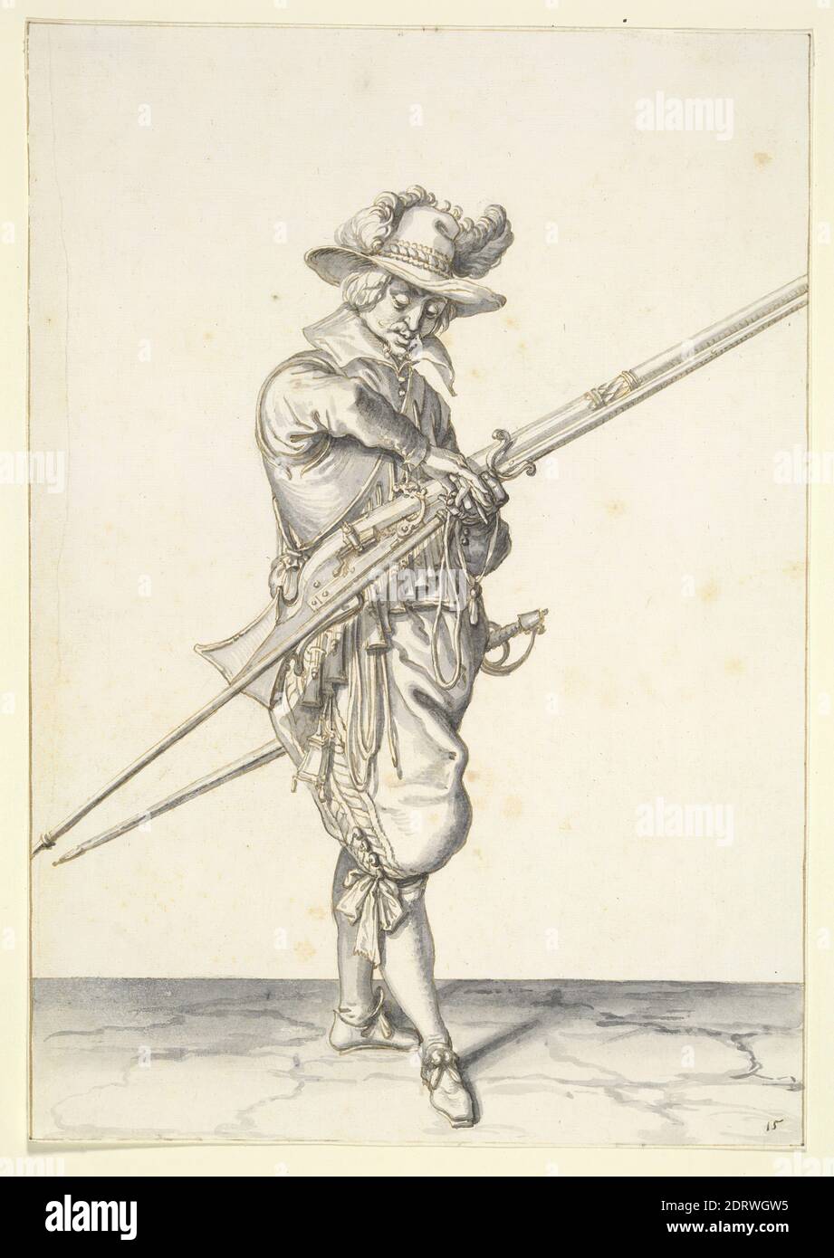 Künstler: Jacques de Gheyn II, Holländisch, 1565–1629, Soldat, der sich darauf vorbereitet, ein Musket zu feuern, Feder und braune Tinte und Pinsel und graue Tinte und graue Wäsche, Blatt: 26.4 × 18.2 cm (10 3/8 × 7 3/16 in.), in den Niederlanden hergestellt, Holländisch, 17. Jahrhundert, Arbeiten auf Papier - Zeichnungen und Aquarelle Stockfoto