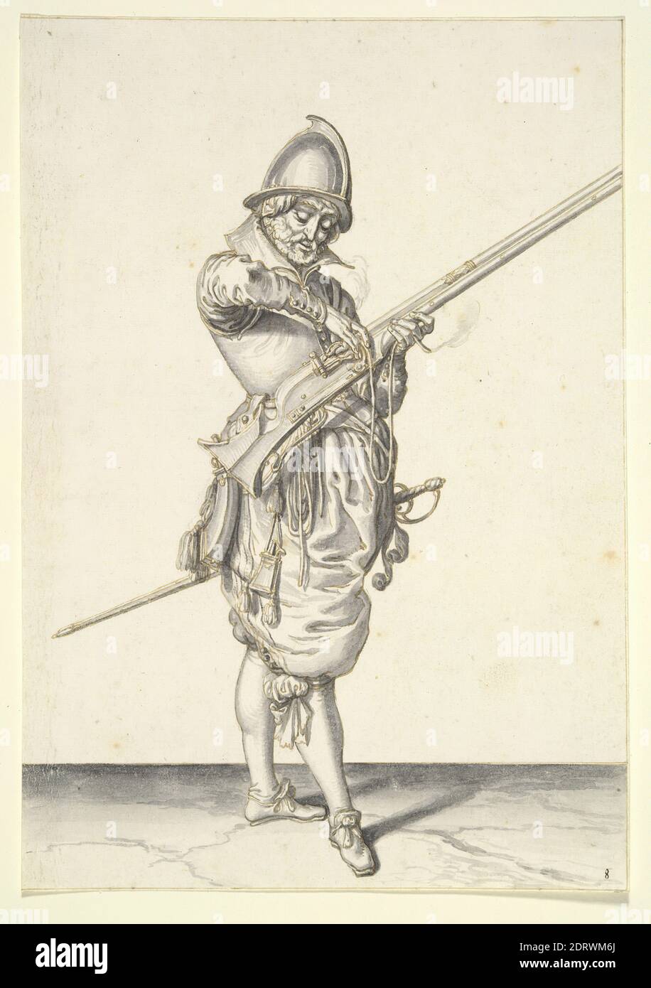 Künstler: Jacques de Gheyn II, Niederländisch, 1565–1629, Soldat, der ein Kaliber abfeuert, ca. 1606–7, Stift und braune Tinte und Pinsel und graue Tinte und graue Wäsche, Blatt: 26.4 × 18.2 cm (10 3/8 × 7 3/16 in.), hergestellt in den Niederlanden, Niederländisch, 17. Jahrhundert, Arbeiten auf Papier - Zeichnungen und Aquarelle Stockfoto