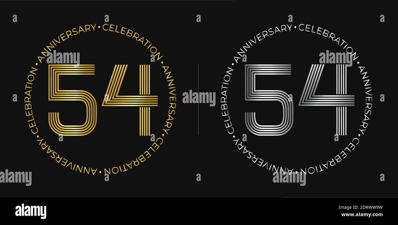 54. Geburtstag. Vierundfünfzig Jahre Jubiläumsfeier Banner in goldenen und silbernen Farben. Kreisförmiges Logo mit Originalnummerndesign. Stock Vektor