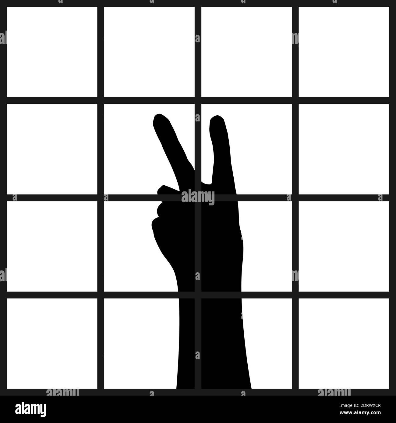 Silhouette Mann Hand im Gefängnis zeigt Siegeszeichen. Symbol für die Abbildung Stock Vektor