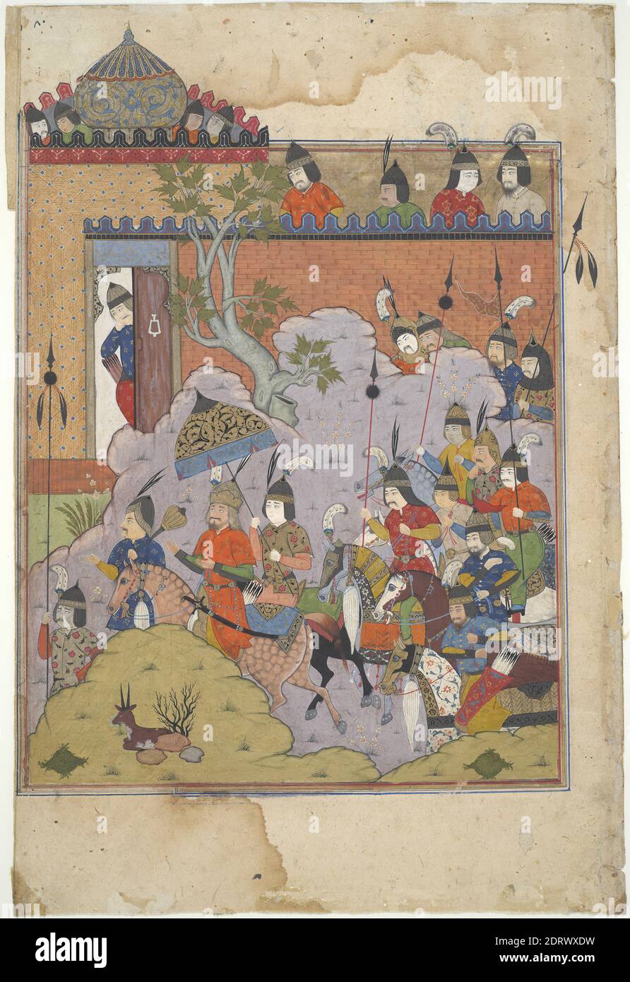 Alexander der große Marche in Richtung Andalusien, aus einem Buch der Könige (Shahnama) Manuskript, Ende 16. Jahrhundert, Tinte, opakes Aquarell und Gold auf Papier, Blatt: 11 1/2 × 8 in. (29.2 × 20.3 cm), im Persischen als Iskandar bekannt, spielt Alexander der große (356–321 v. Chr.) eine wichtige Rolle im Buch der Könige (Shahnama). Auf dieser Seite ist er auf dem Weg nach Andalusien in Südspanien zu sehen, wo er eine lokale Königin heiratete und sich bereit erklärte, ihr Königreich zu verschonen., iranisch/persisch, islamisch, Safavid (1501–1722), Gemälde Stockfoto