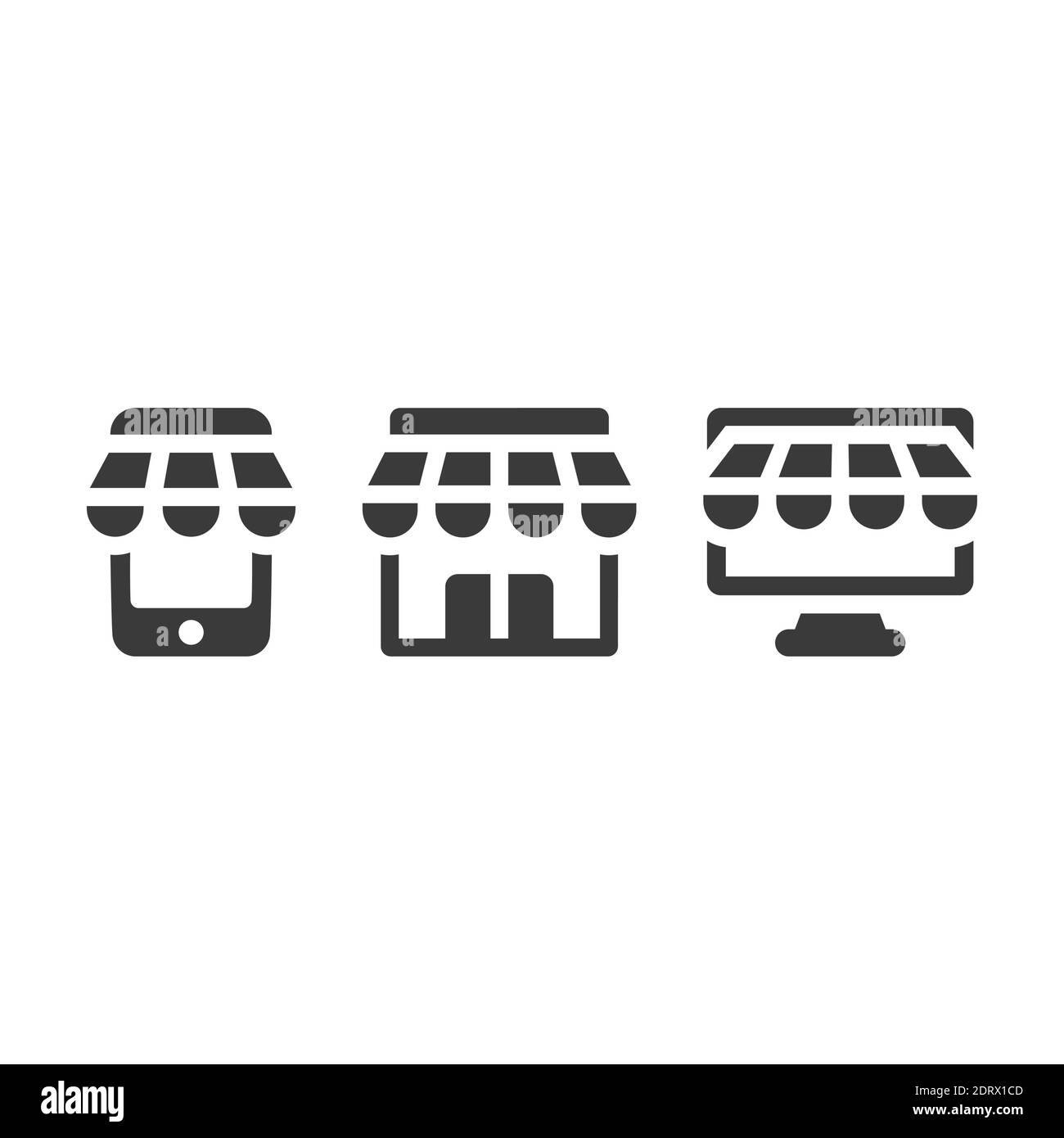 Online-Shopping-Symbol-Set. StoreFront mit Handy und Monitor. Shop Gebäude schwarzen Vektor-Symbol. Stock Vektor