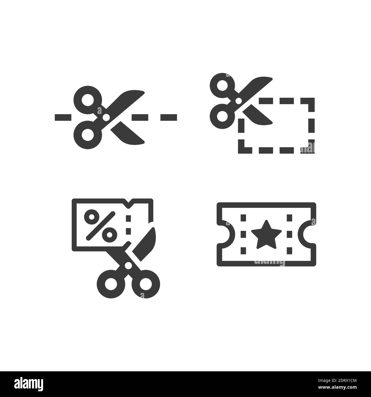 Schere und Coupon schwarz Vektor Icon Set. Rabattsymbole für den Einkauf. Stock Vektor