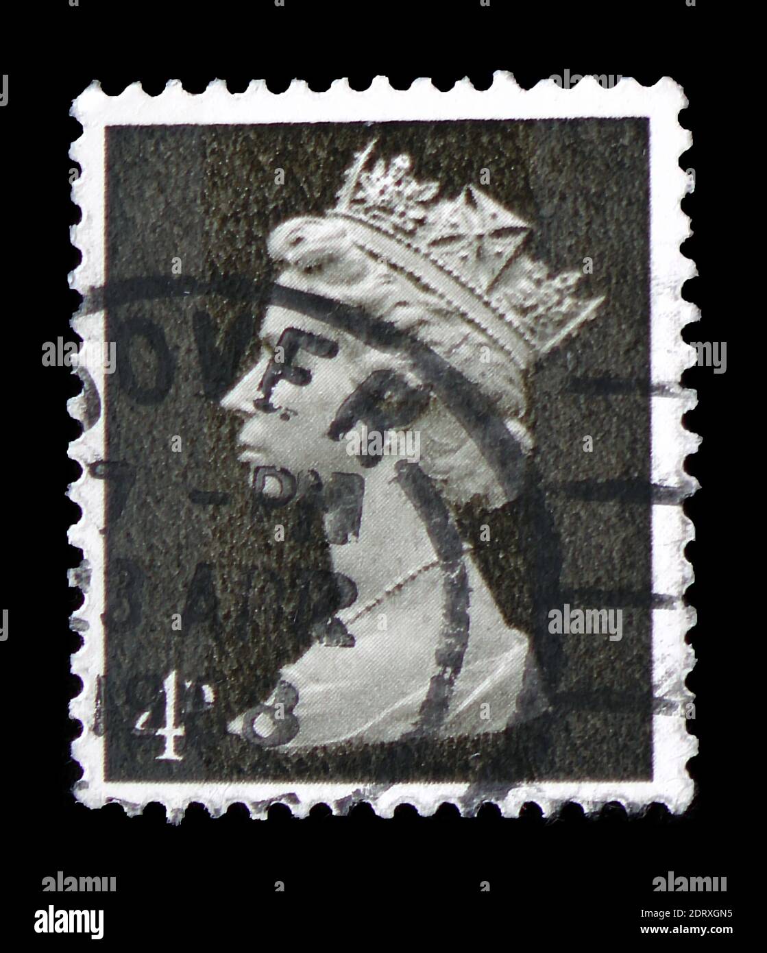 MOSKAU, RUSSLAND - 14. FEBRUAR 2019: Eine in Großbritannien gedruckte Briefmarke zeigt Queen Elizabeth II - 4d Predecimal Machin Serie, um 1968 Stockfoto