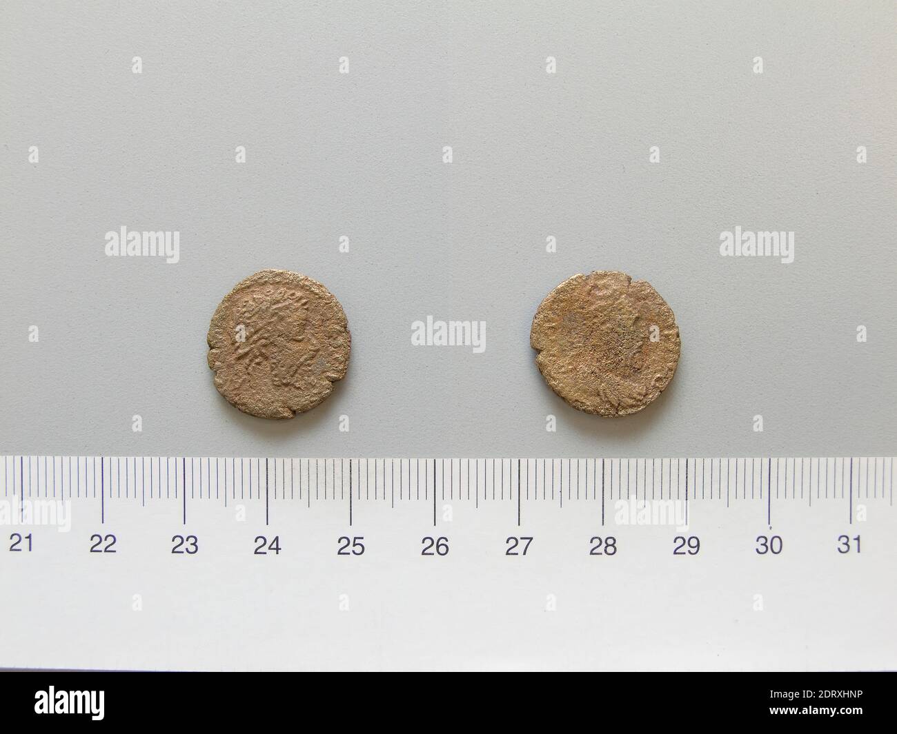 Herrscher: Septimius Severus, Kaiser von Rom, 146–211 n. Chr., regiert 193–211, Herrscher: Abgar X, König von Edessa, regiert 242–44 n. Chr., Münzstätte: Edessa, Mesopotamien, Münze von Septimius Severus, Kaiser von Rom; Abgar X, König von Edessa aus Edessa, Mesopotamien, 195–201 n. Chr., Kupfer, 3.01 g, 6:00, 17.7 mm, hergestellt in Edessa, Mesopotamien, römisch, 2nc–3. Jahrhundert n. Chr., Numismatik Stockfoto