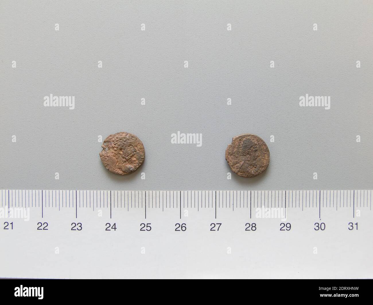 Herrscher: Septimius Severus, Kaiser von Rom, 146–211 n. Chr., regiert 193–211, Herrscher: Abgar X, König von Edessa, regiert 242–44 n. Chr., Münzstätte: Edessa, Mesopotamien, Münze von Septimius Severus, Kaiser von Rom; Abgar X, König von Edessa aus Edessa, Mesopotamien, 201–11 n. Chr., Kupfer, 1.17 g, 4:00, 12.7 mm, hergestellt in Edessa, Mesopotamien, römisch, 3. Jahrhundert n. Chr., Numismatik Stockfoto