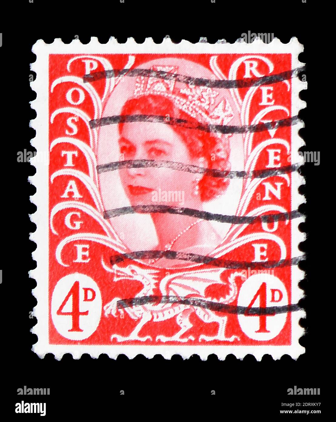 MOSKAU, RUSSLAND - 14. FEBRUAR 2019: Eine in Großbritannien gedruckte Briefmarke zeigt Queen Elizabeth II - 4d Wilding Portrait Serie, um 1969 Stockfoto