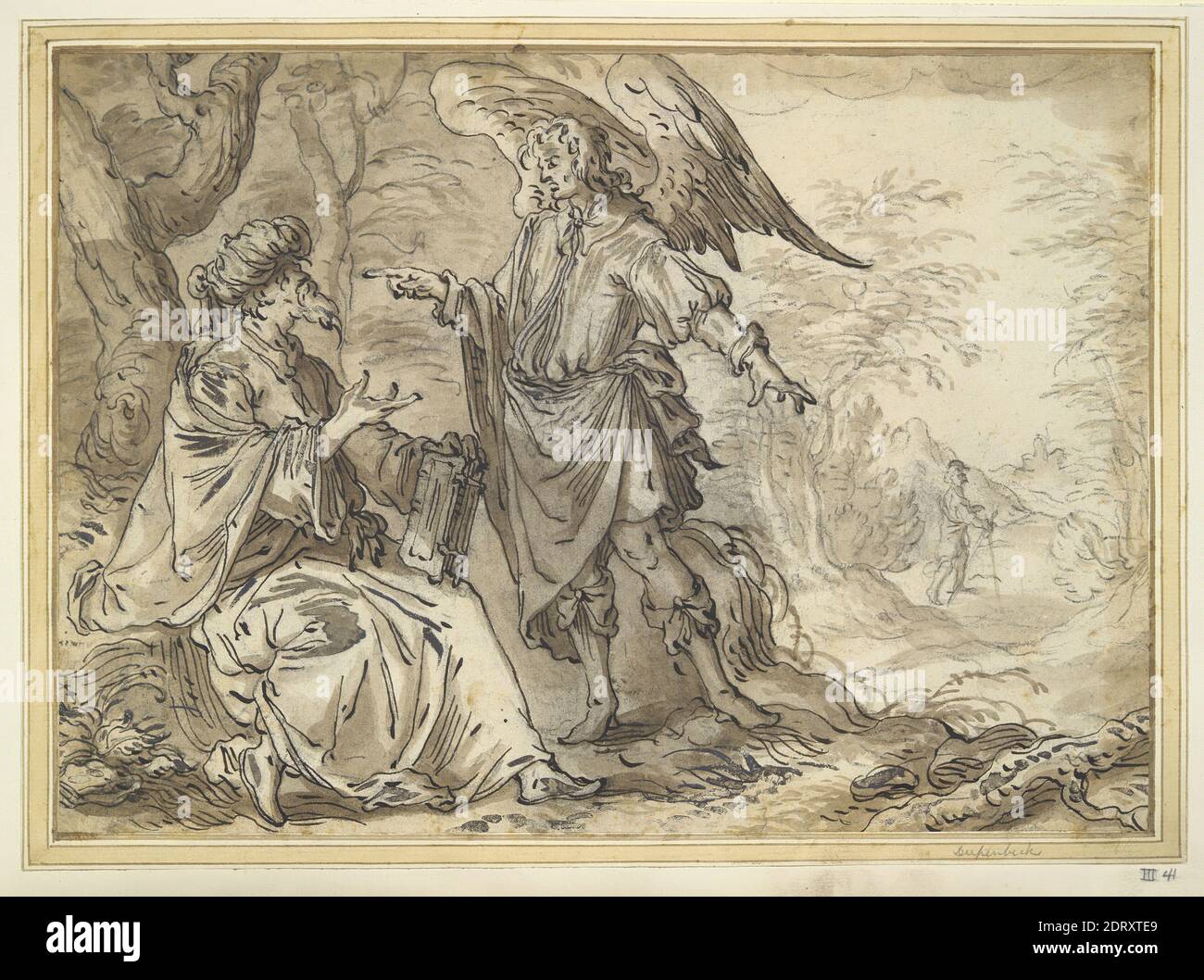 Elijah in the Desert, 17. Jahrhundert, Stift und schwarze Tinte und braun überwaschen schwarze Kreide mit Weiß erhöht (oxidiert), Blatt: 20.1 × 28.1 cm (7 15/16 × 11 1/16 in.), Made in the Netherlands, Dutch, 17. Jahrhundert, Werke auf Papier - Zeichnungen und Aquarelle Stockfoto