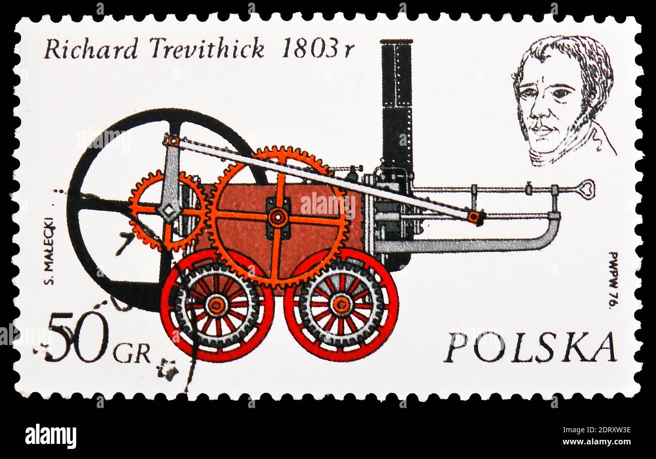 MOSKAU, RUSSLAND - 20. FEBRUAR 2019: Eine in Polen gedruckte Briefmarke zeigt Richard Trevithic, 1803, History of the Locomotive Serie, um 1976 Stockfoto
