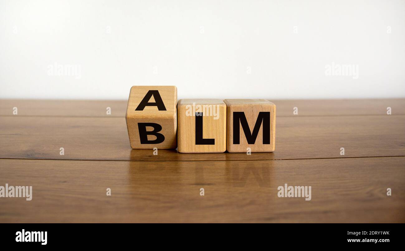 BLM vs. ALM-Symbol. Drehte Würfel und änderte Wort 'BLM - schwarz lebt Angelegenheiten' zu 'ALM - alle Leben Angelegenheiten'. Schöner weißer Hintergrund. Business und BL Stockfoto