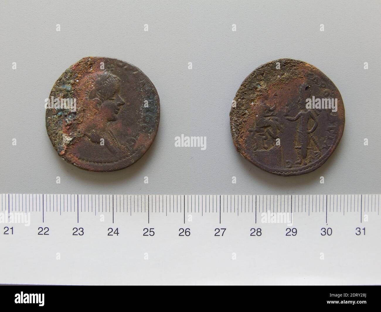 Herrscher: Gordian III., Kaiser von Rom, 225–244, regiert 238–44, Herrscher: Abgar X, König von Edessa, regiert 242–44 n. Chr., Münzstätte: Edessa, Mesopotamien, Dupondius von Gordian III., Kaiser von Rom; Abgar X, König von Edessa von Edessa, Mesopotamien, 240–42, Kupfer, 22.02 g, 5:00, 33 mm, römische Numismatik, hergestellt in Edessa, 3. Jahrhundert Stockfoto
