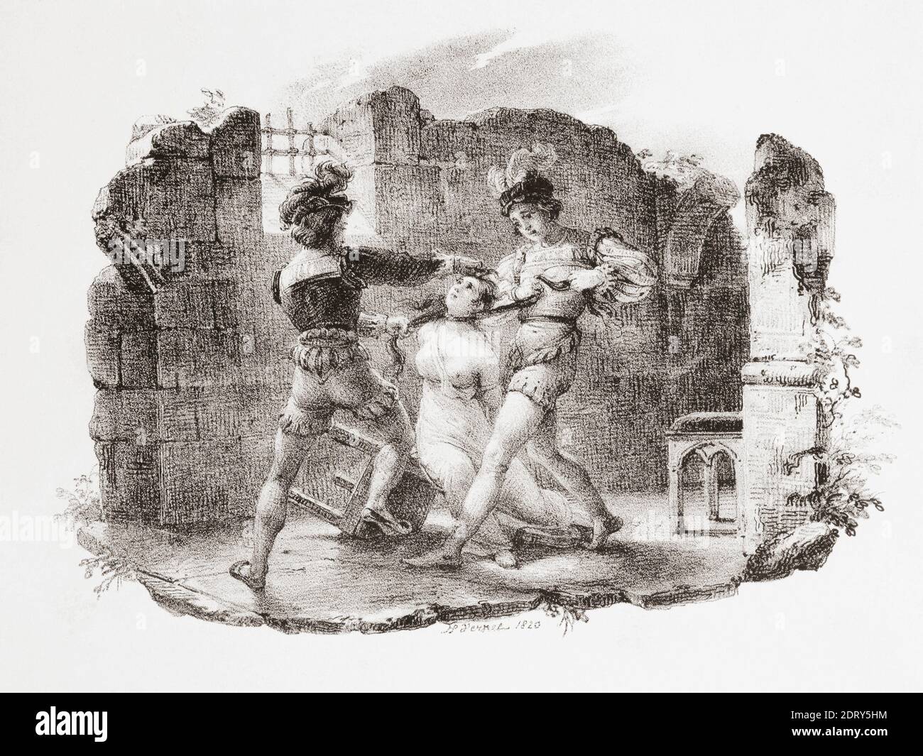 Margarete von Burgandy erwürgte im Gefängnis. Margarete von Burgandy, 1290 - 1315. Als erste Frau Ludwigs X. von Frankreich war sie Königin von Frankreich und Navarra. Beschuldigt, in eine ehebrecherische Affäre verstrickt zu sein, wurden sie und ihre Schwester Blanche eingesperrt. Die populäre Legende besagt, dass Margaret auf Befehl ihres Mannes erwürgt wurde, um Platz für eine neue Frau zu schaffen. Die Aufzeichnung scheint zu zeigen, dass sie an einer Krankheit starb, die im Gefängnis gefangen wurde. Dennoch heiratete König Louis fünf Tage später wieder. Nach einer Arbeit von Horace Vernet. Stockfoto